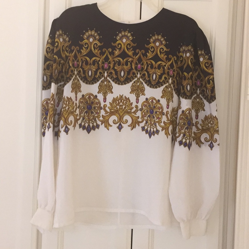 White, black and gold patterned blouse size 14